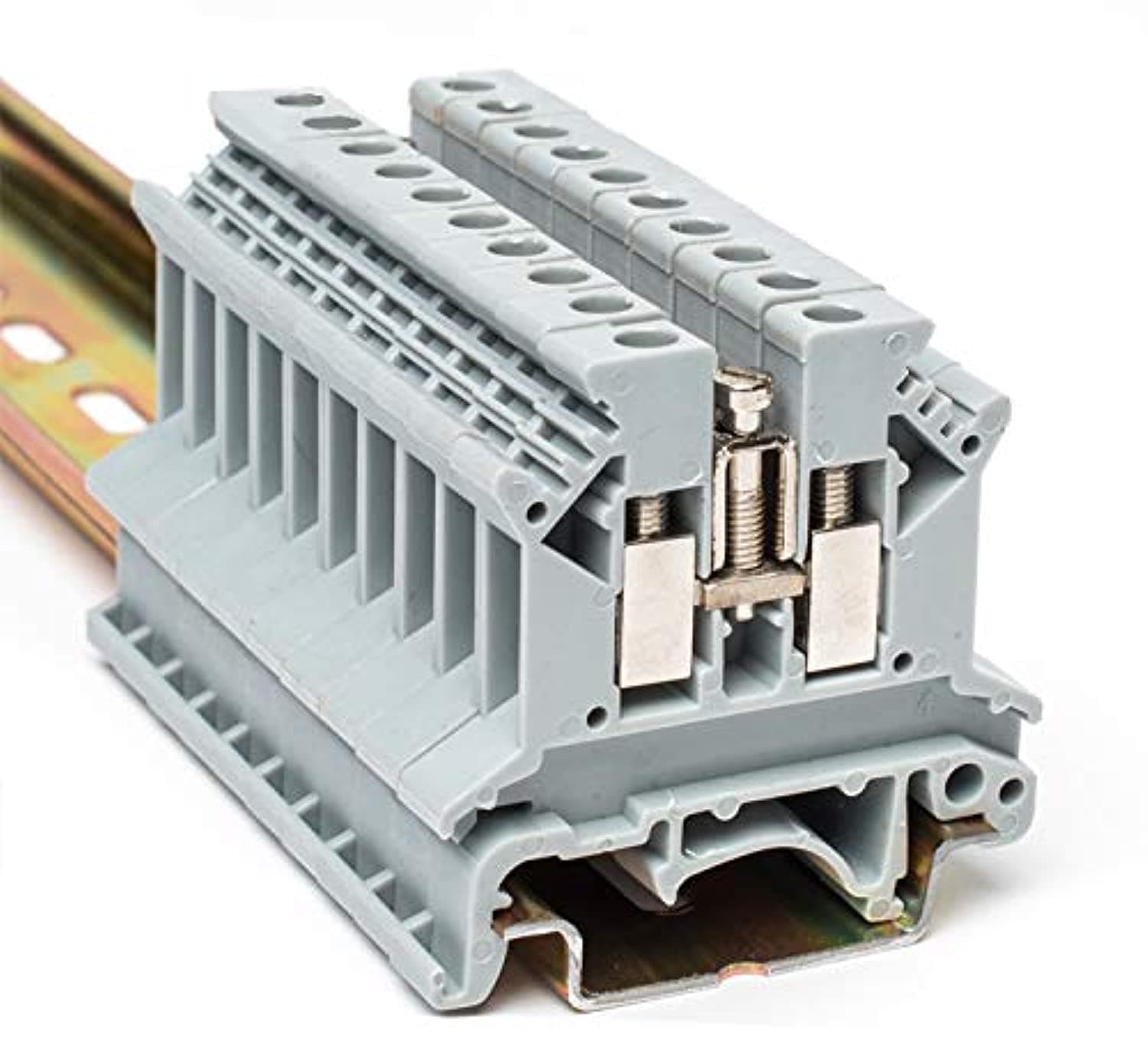 Erayco UK2.5B-GR DIN Rail Terminal Block, Screw Clamp, 600V 20A, Pack of 100 | Compact, Vibration-Resistant, 24-12AWG - main product image