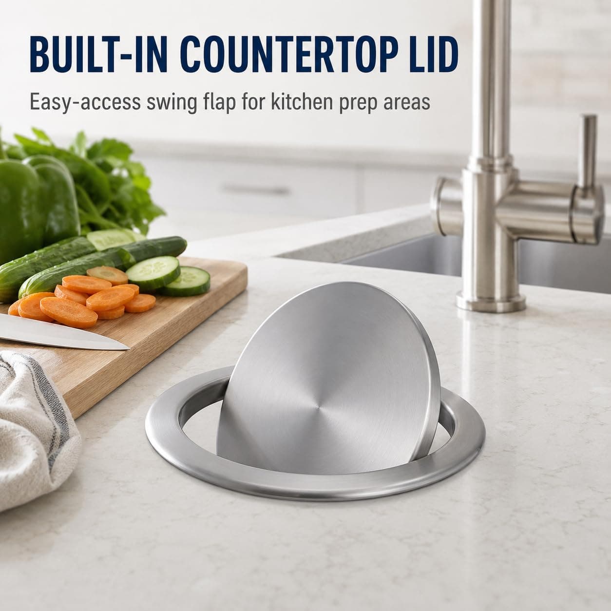 Cabilock Recessed Countertop Trash Bin Lid, Stainless Steel, Silent Swing, 21x21cm | Space-Saving Kitchen & Bathroom Cover - view 2