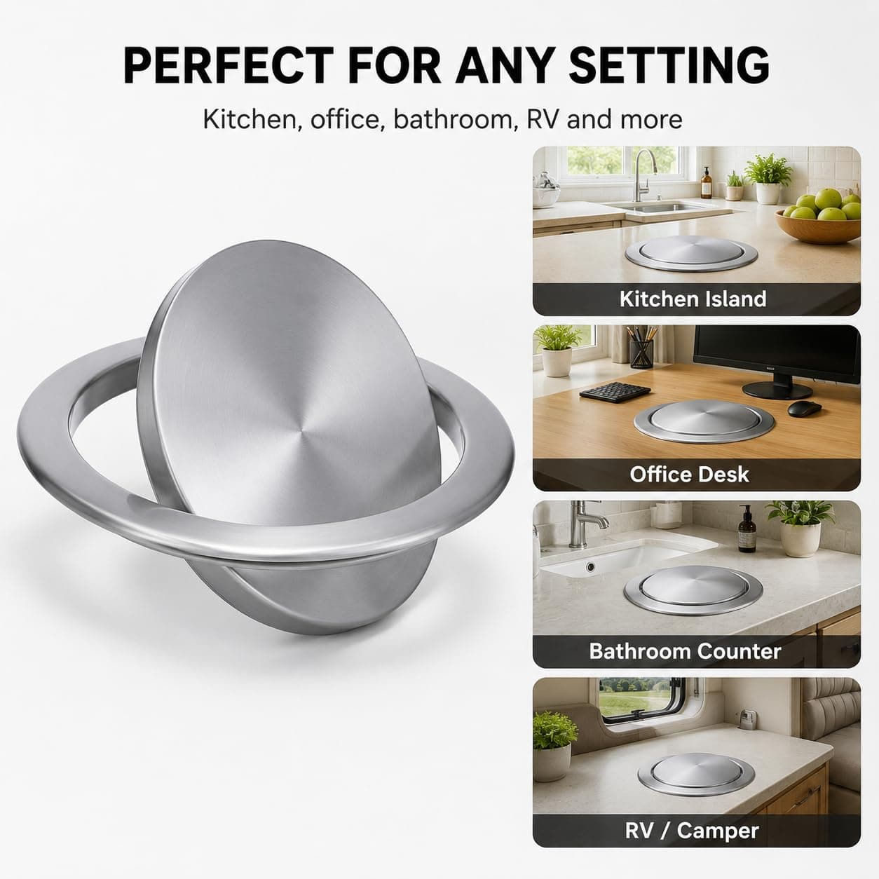 Cabilock Recessed Countertop Trash Bin Lid, Stainless Steel, Silent Swing, 21x21cm | Space-Saving Kitchen & Bathroom Cover - view 7