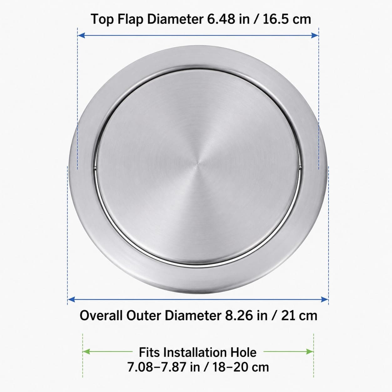Cabilock Recessed Countertop Trash Bin Lid, Stainless Steel, Silent Swing, 21x21cm | Space-Saving Kitchen & Bathroom Cover - view 4