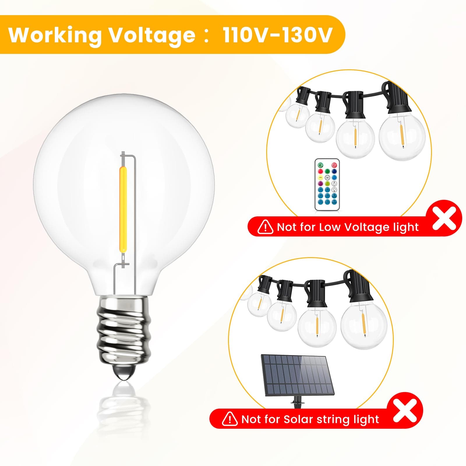 Svater G40 LED Replacement Bulbs for Outdoor String Lights, 75 Pack Dimmable Globe Bulbs, E12/C7 Screw Base, Warm White 2700K | Shatterproof, Indoor Outdoor - view 5