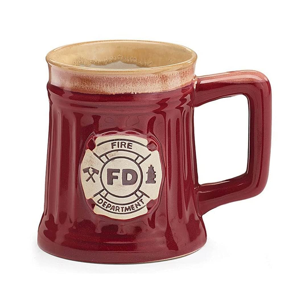 burton+BURTON Fireman 15 Oz Porcelain Coffee Mug Burgundy Stein Shape with Fire Department Crest | Microwave & Dishwasher Safe - main product image