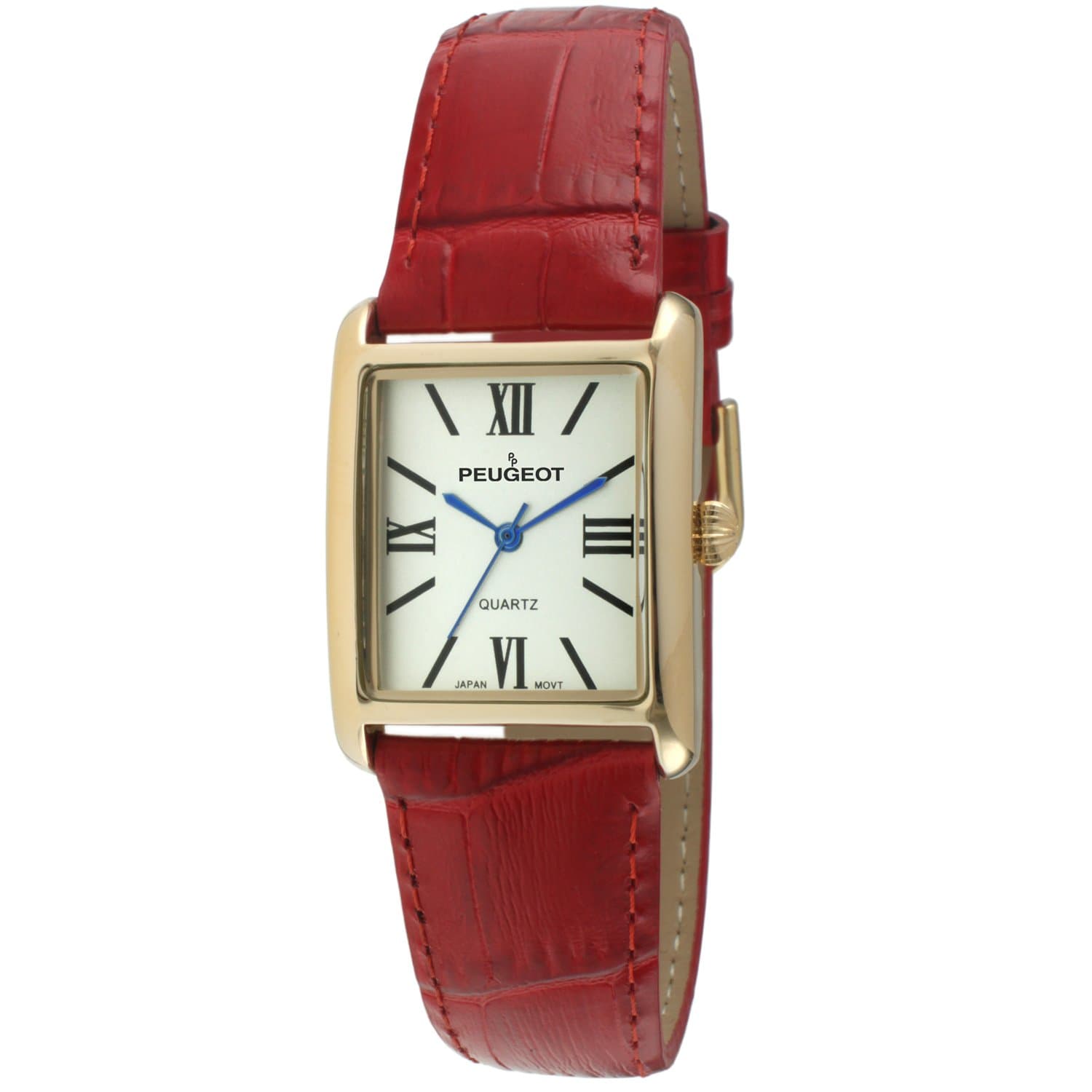 Peugeot Women's Tank Leather Dress Watch Roman Numeral Dial Blue Hands | Elegant Gold Plated — Red