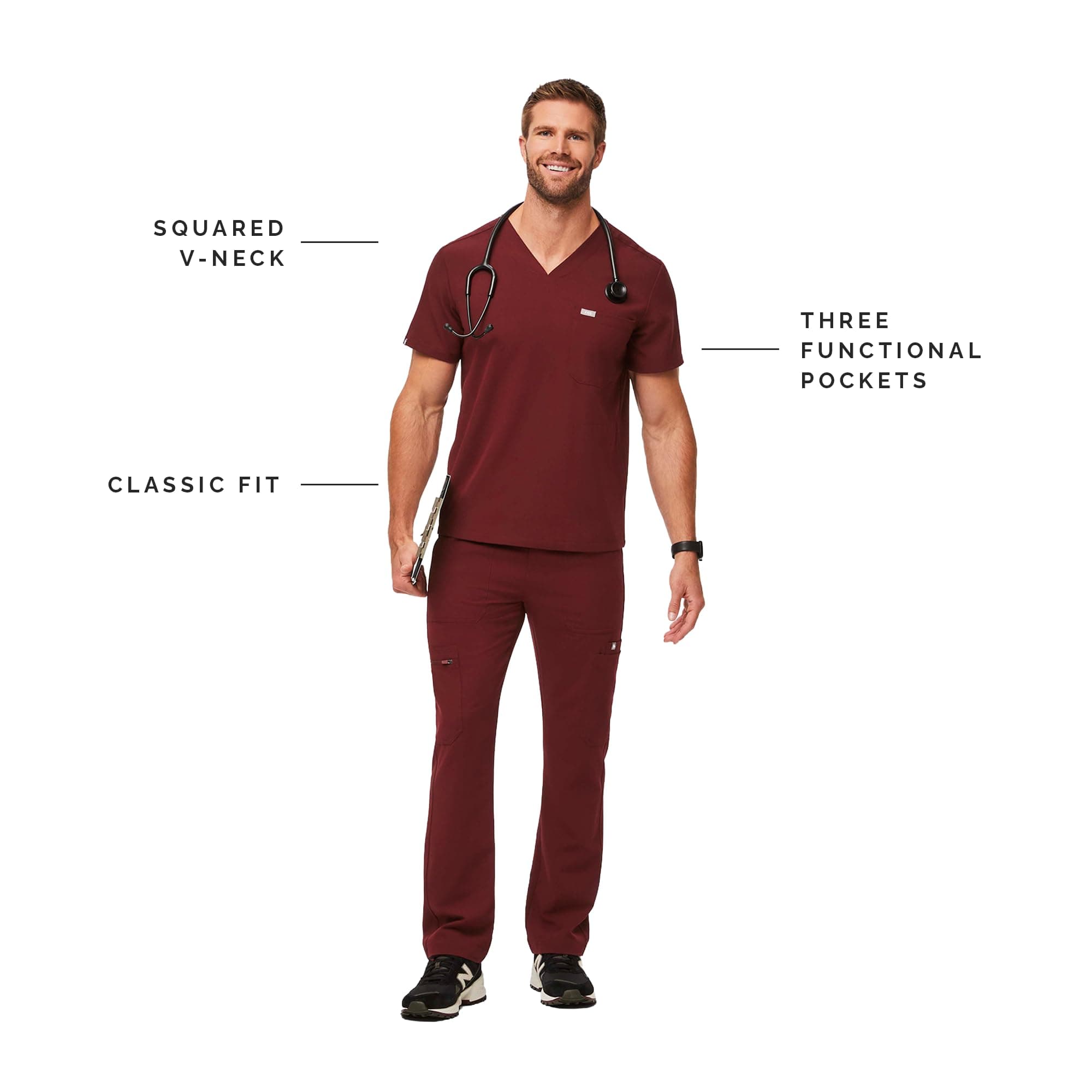 FIGS Chisec Three-Pocket Men’s Scrub Top – Burgundy, M | Technical Comfort & Durable Fit - view 3