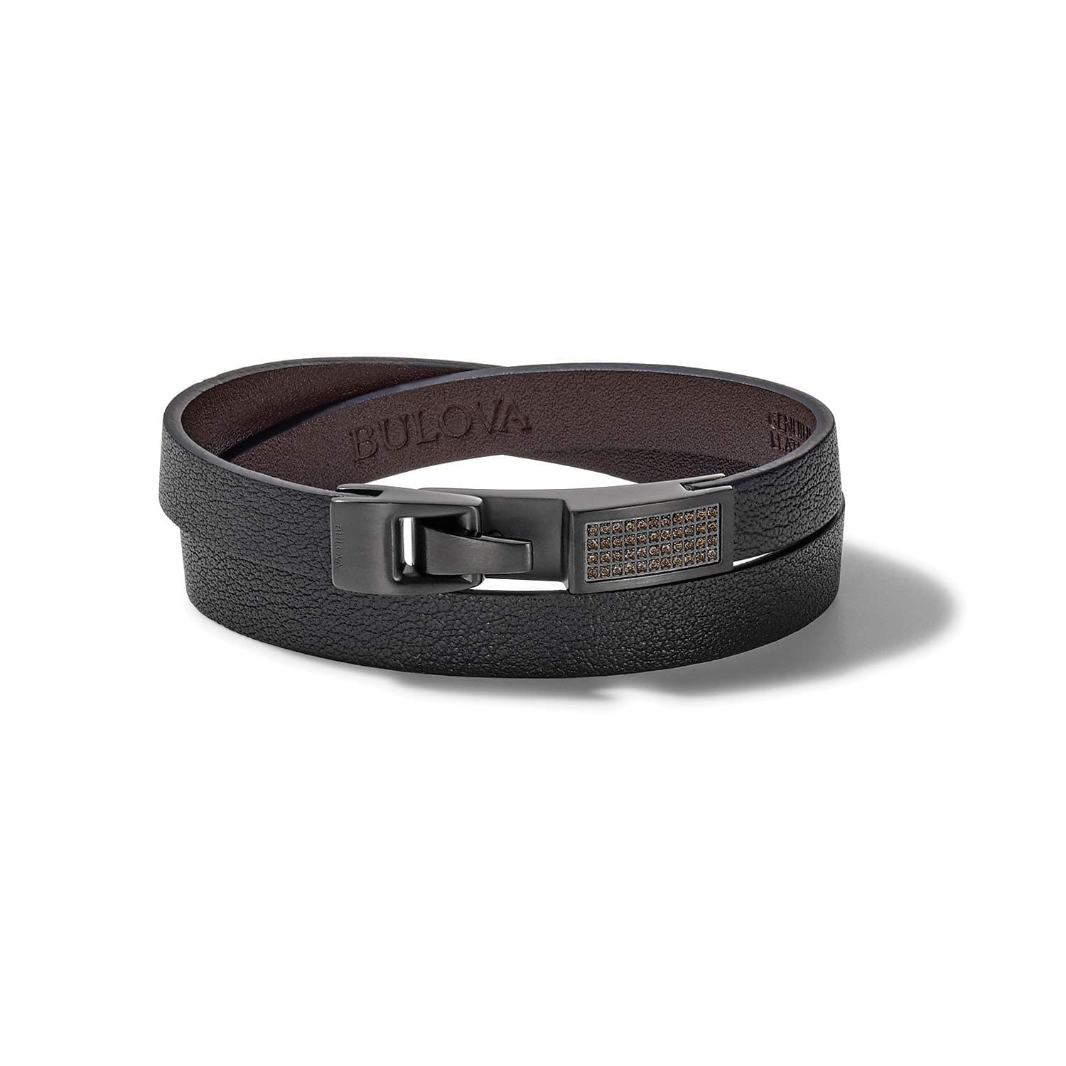 Bulova Men's Latin Grammy Double Wrap Black Leather Bracelet with Diamonds | Modern Sport Style (70-120 chars) — Brown Diamonds / Large