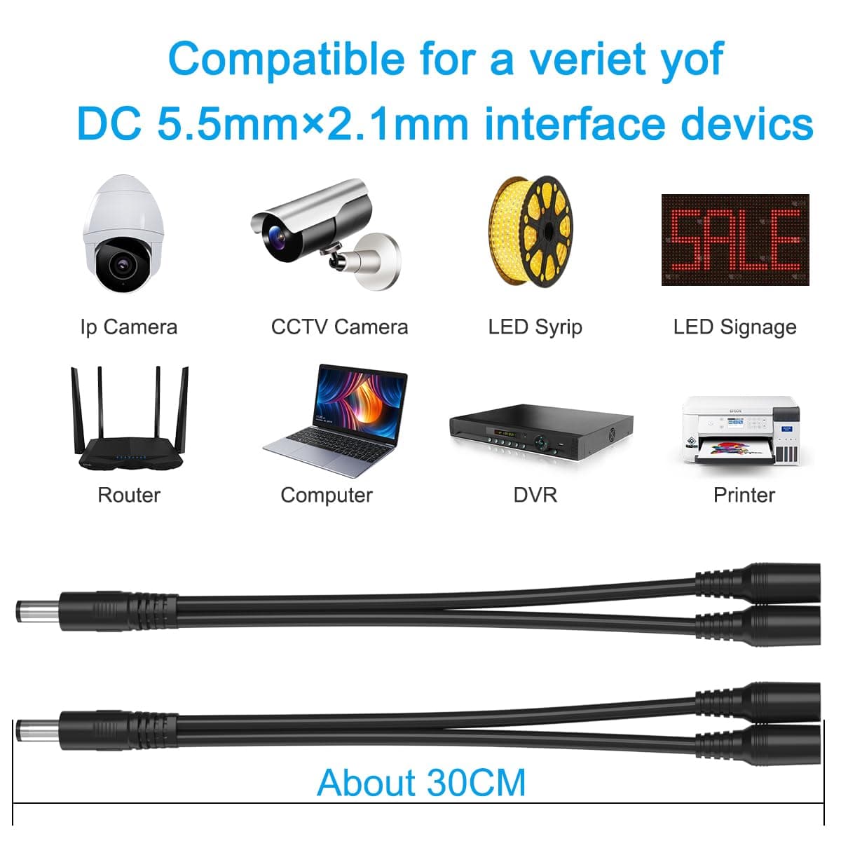 SIOCEN 2 Pack 1 Male to 2 Female DC Power Splitter Cable 2.1mm x 5.5mm | CCTV & LED Power Adapter - view 5