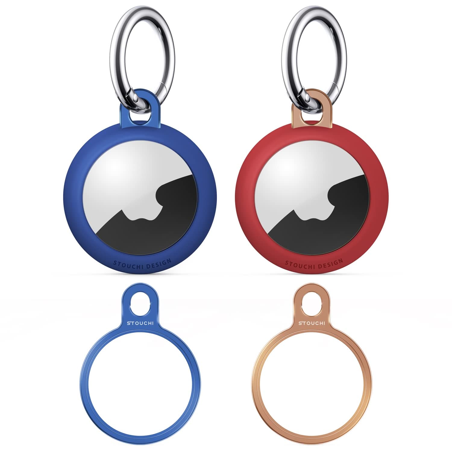 Stouchi Air Tag Key Ring Holder with TPU Case & Keychain - Blue/Red (2-Pack)