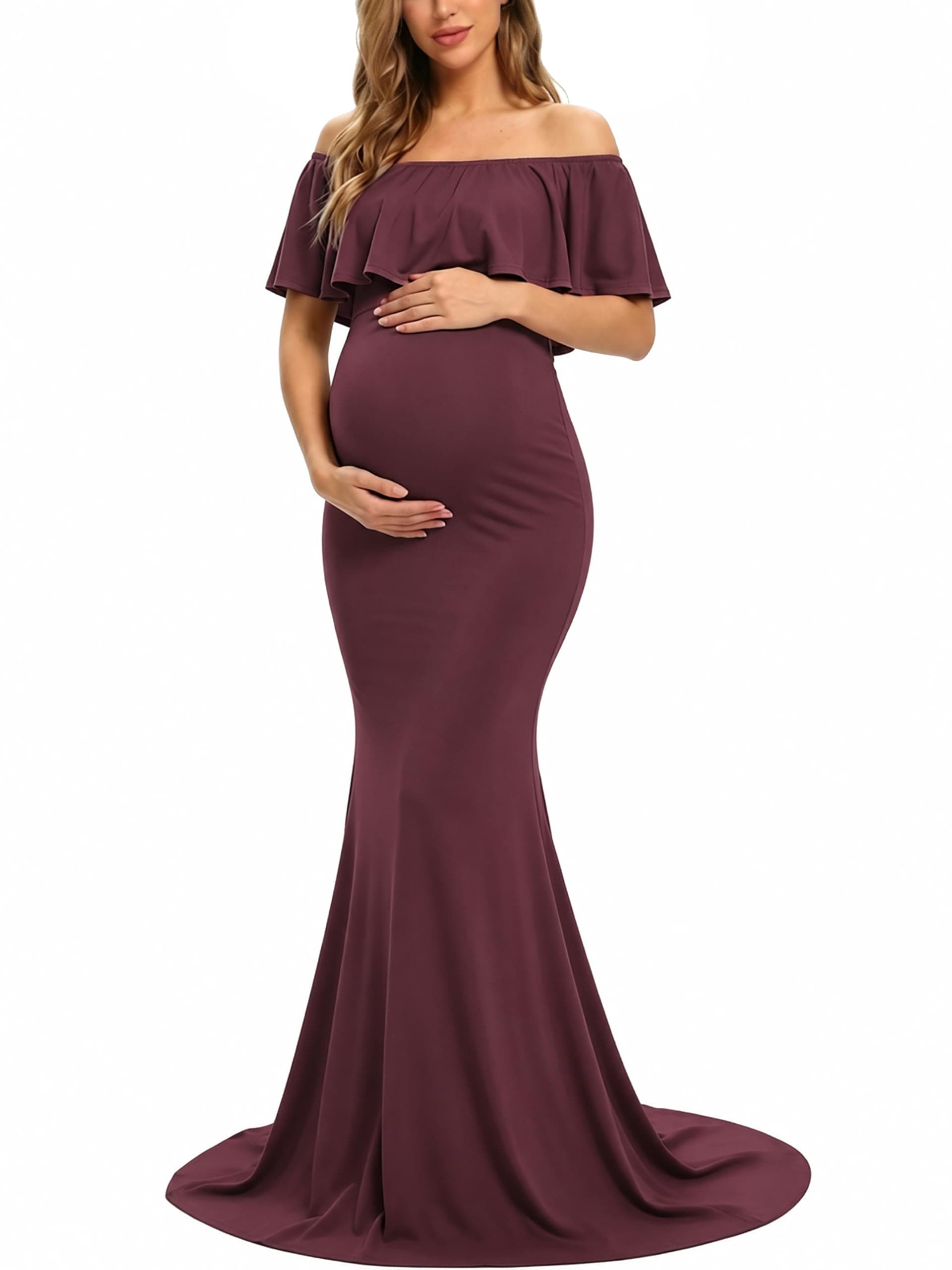 Glampunch Off Shoulder Maternity Dress for Photoshoot, Baby Shower | Flowy Maxi, Pink, Size X-Large — Burgundy / Large