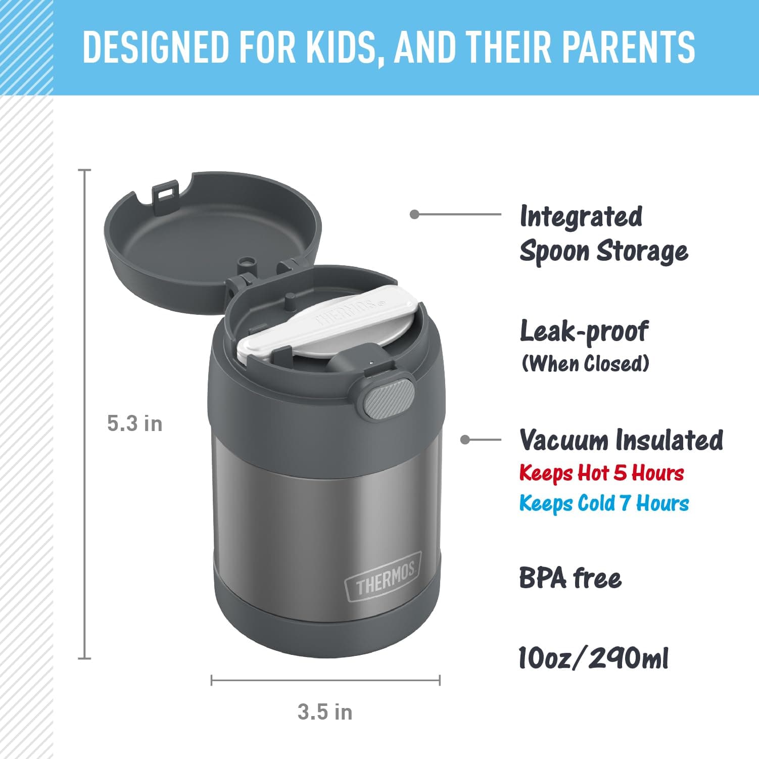 THERMOS FUNTAINER Kids Food Jar with Spoon, 10oz, Gray - view 2