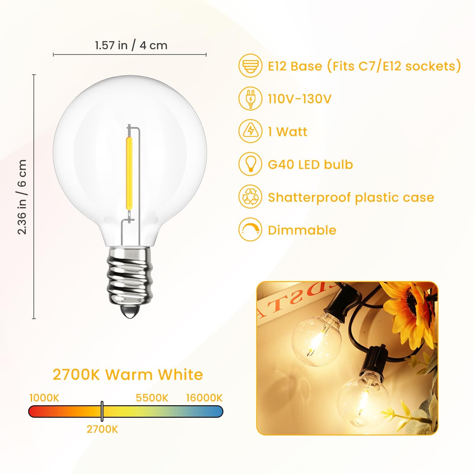Svater G40 LED Replacement Bulbs for Outdoor String Lights, 75 Pack Dimmable Globe Bulbs, E12/C7 Screw Base, Warm White 2700K | Shatterproof, Indoor Outdoor - view 3