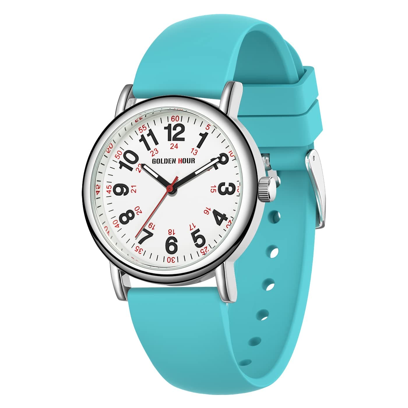 GOLDEN HOUR Waterproof Nurse Watch 38mm White Silicone Band | Easy Read 12/24 Hour Dial, Second Hand, Medical-Style — Light Blue