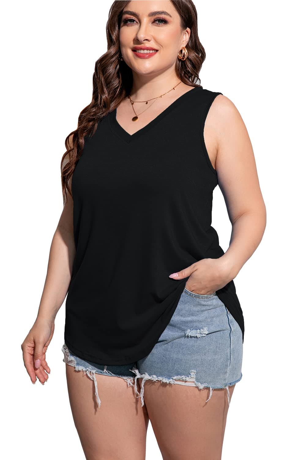CARROTMOB Plus Size Womens Tank Tops Summer Sleeveless V Neck Casual Tshirts Wine red 2X | Loose Fit, Breathable Cotton Blend — 1-black-v Neck / 2X