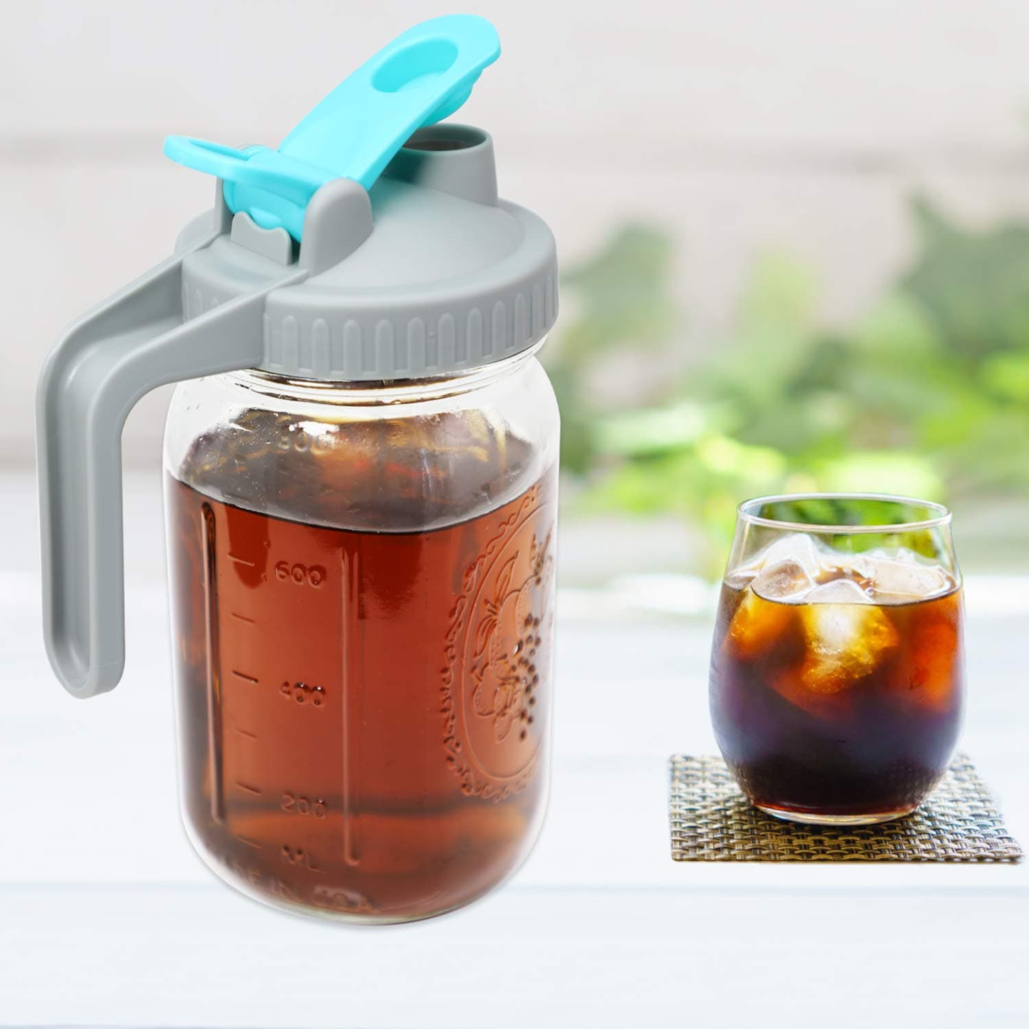 GMSWEET Mason Jar Pitcher 32 Oz Wide Mouth with Handle & Pour Spout | Leakproof Glass Jug for Cold Brew & Lemonade - view 5