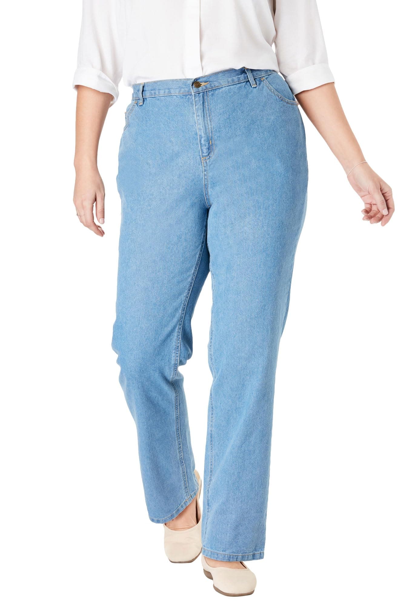 Woman Within Perfect Back-Elastic Gap-Free Straight-Leg Cotton Jeans | Classic Fit, 30/28/34 in, Light Stonewash - main product image