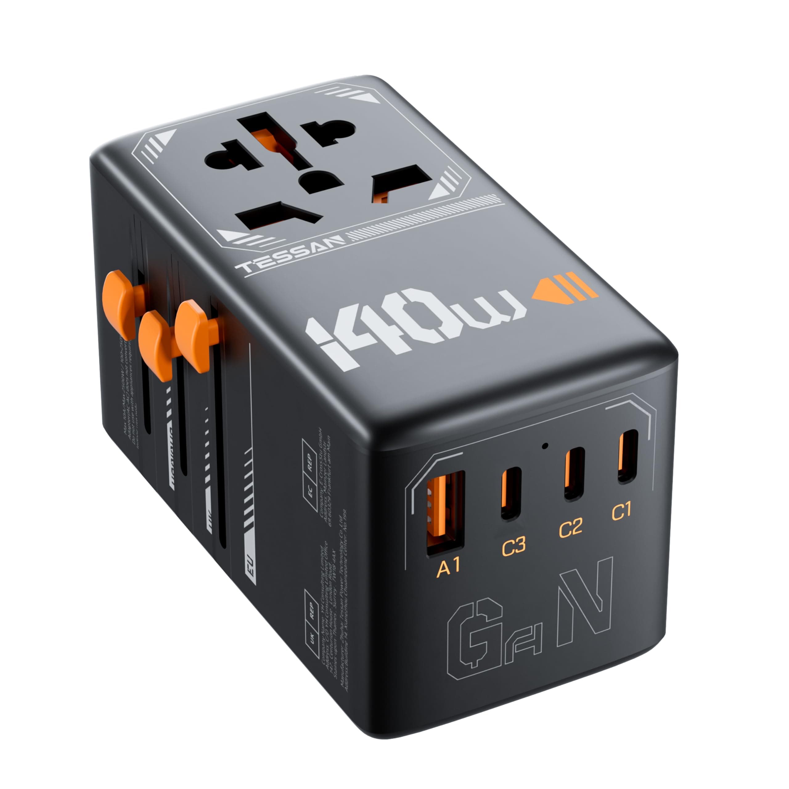 TESSAN Universal Travel Adapter 140W GaN Black | 5-in-1 Worldwide Power & USB Charging - main product image