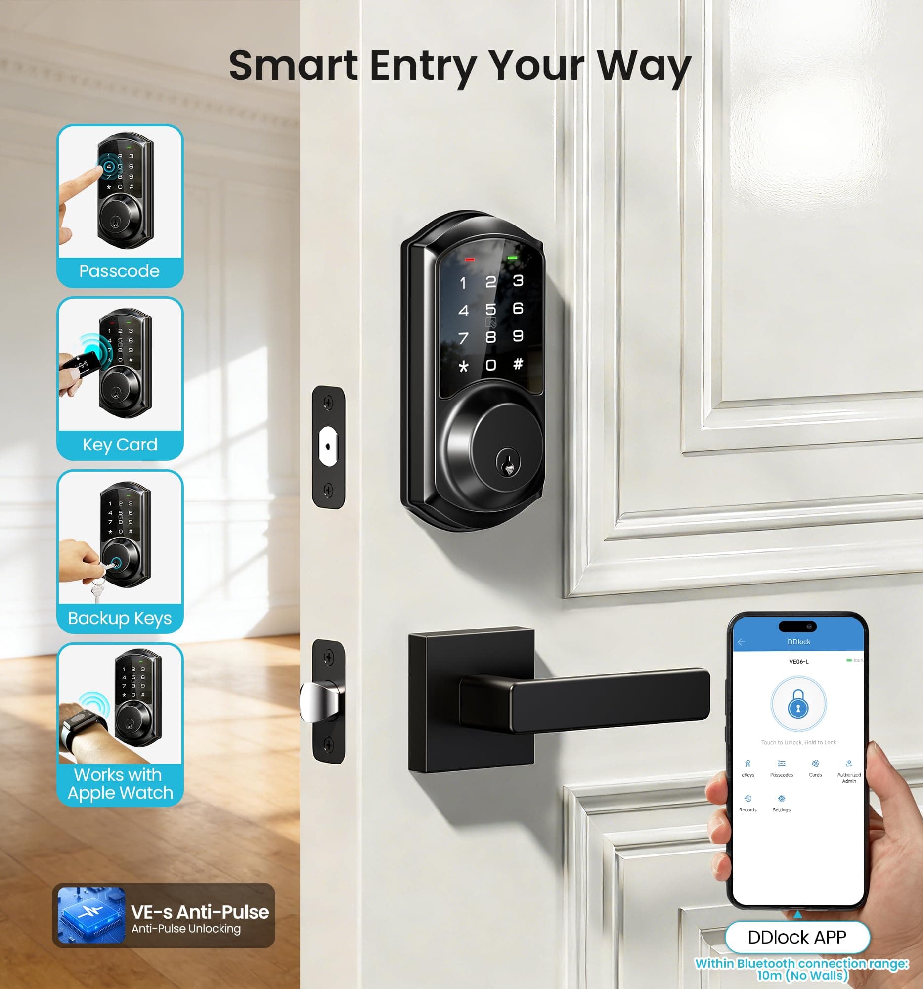 Veise VE06-L Smart Deadbolt Lock with 2 Lever Handle Set, Matte Black | App & Key Control - view 2