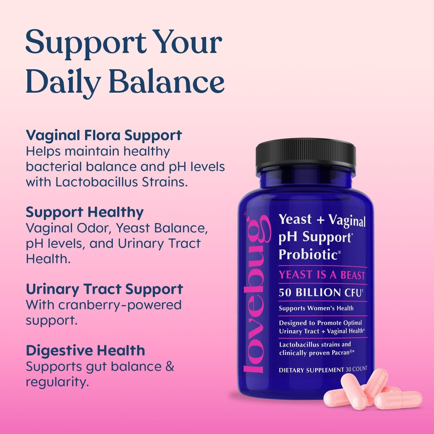 LOVEBUG Probiotics for Women with Pancran – Multi-Strain Probiotic Supporting UTI, BV, Odor & PH Balance - Vaginal Probiotics for Womens Intimate Flora & Digestive Health - 30 Capsules | Supports Vaginal & Digestive Balance - view 3