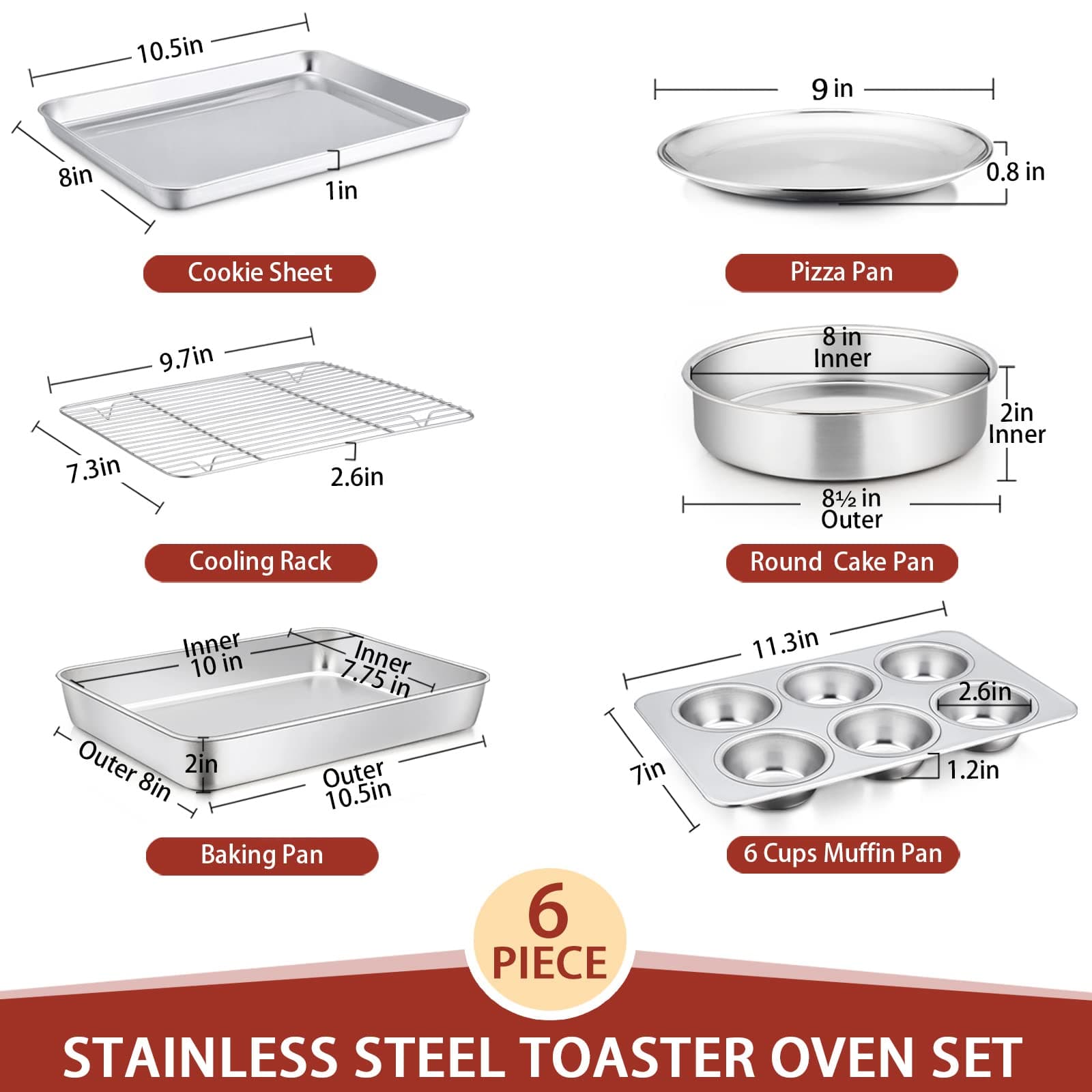 E-far Toaster Oven Bakeware Set, 6PCS Stainless Steel Small Baking Pan Set | Durable & Healthy - view 4