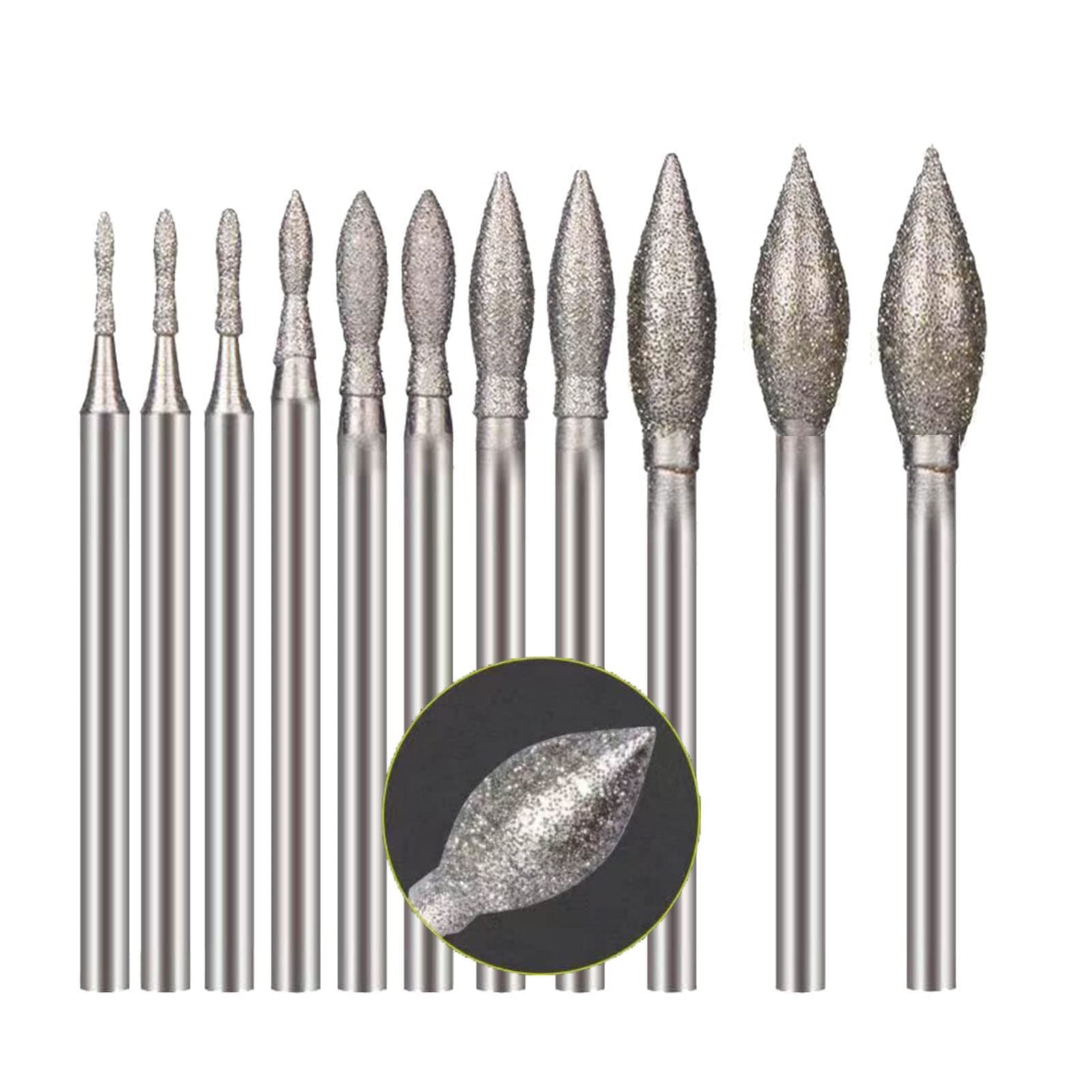 Luo ke Diamond Burr 10 Pcs 0.8mm-6mm Oval Shape | Durable Diamond Particles for Precision Carving — 11pc Olive Shape