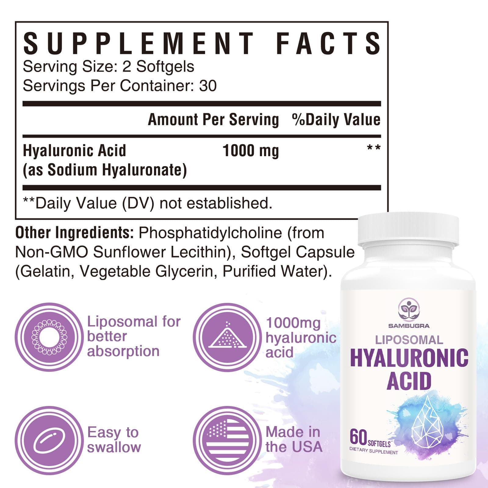 Sambugra Liposomal Hyaluronic Acid 1000mg | Supports Skin & Bones, 180 Capsules (Pack of 3) - view 2