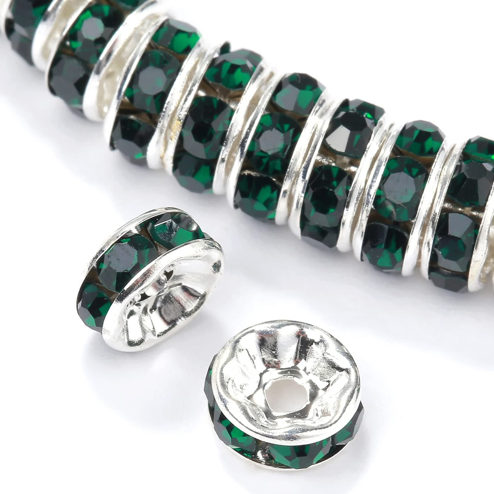Weebee 100Pcs Rondelle Spacer Beads for Jewelry Making, Rhinestone Beads 4mm-10mm | Czech Crystal & Copper — Dark Emerald / 10mm - main product image
