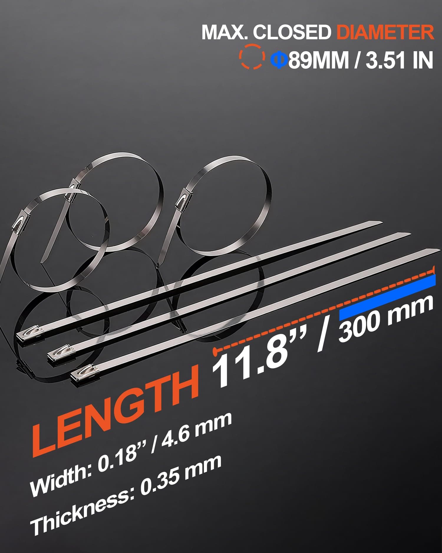 ZOOSUNX Metal Zip Ties 11.8 Inch | Heavy Duty Stainless Steel, 198 lbs Tensile Strength, Heat Resistant - for Auto & Industrial Use - view 2