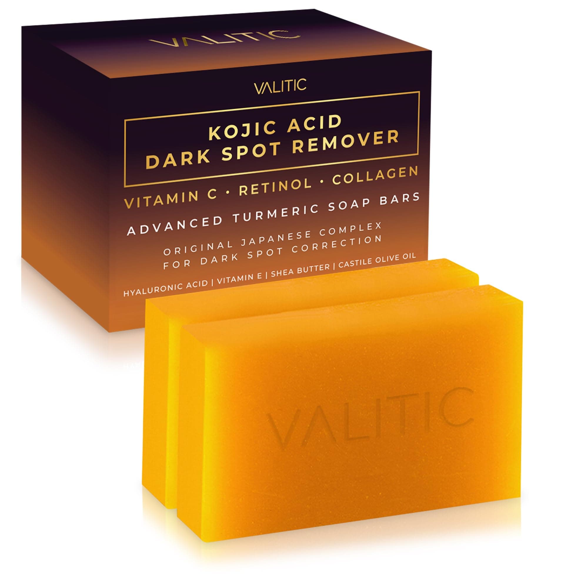 VALITIC Kojic Acid Dark Spot Remover Soap Bars with Vitamin C, Retinol, Collagen, Turmeric & Hyaluronic Acid, 2-Pack - main product image