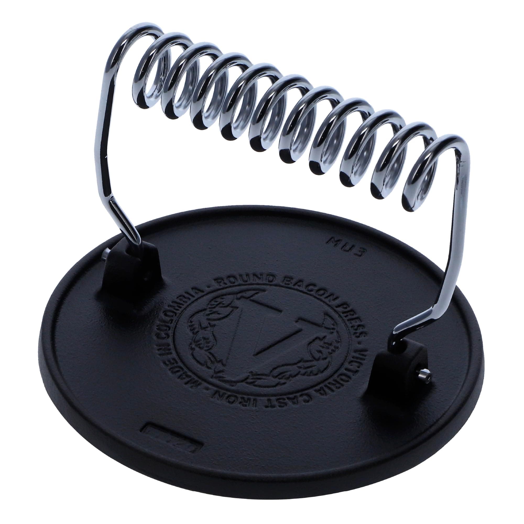 Victoria Round Cast-Iron Meat Press with Wire Handle 2.4 lbs | Preseasoned, Durable & Versatile - main product image