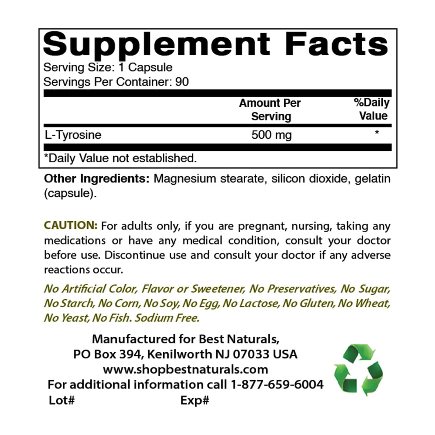 Best Naturals L-Tyrosine 500 mg 90 Capsules | Unflavoured, 2 Pack, Made in USA - view 2
