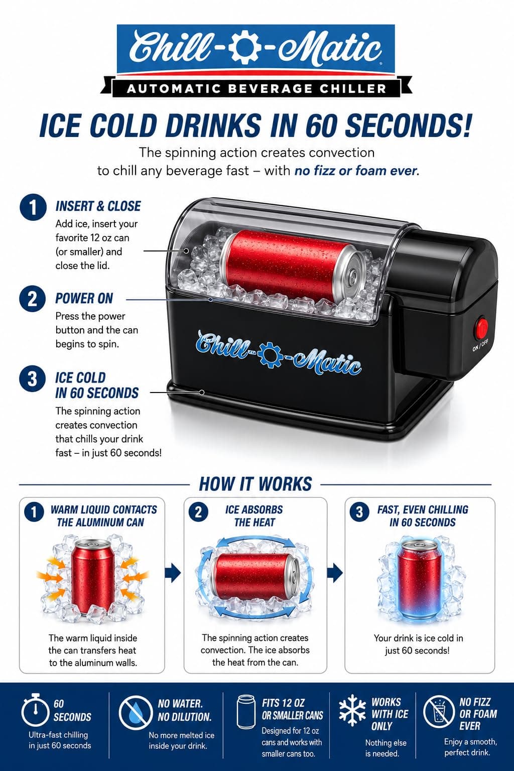 Chill-O-Matic Instant Beverage Cooler – Chill 12 oz Soda & Beer Cans in 60 Seconds – Portable Electric Drink Chiller for Tailgating, BBQs, Camping & Parties (Black) - view 6