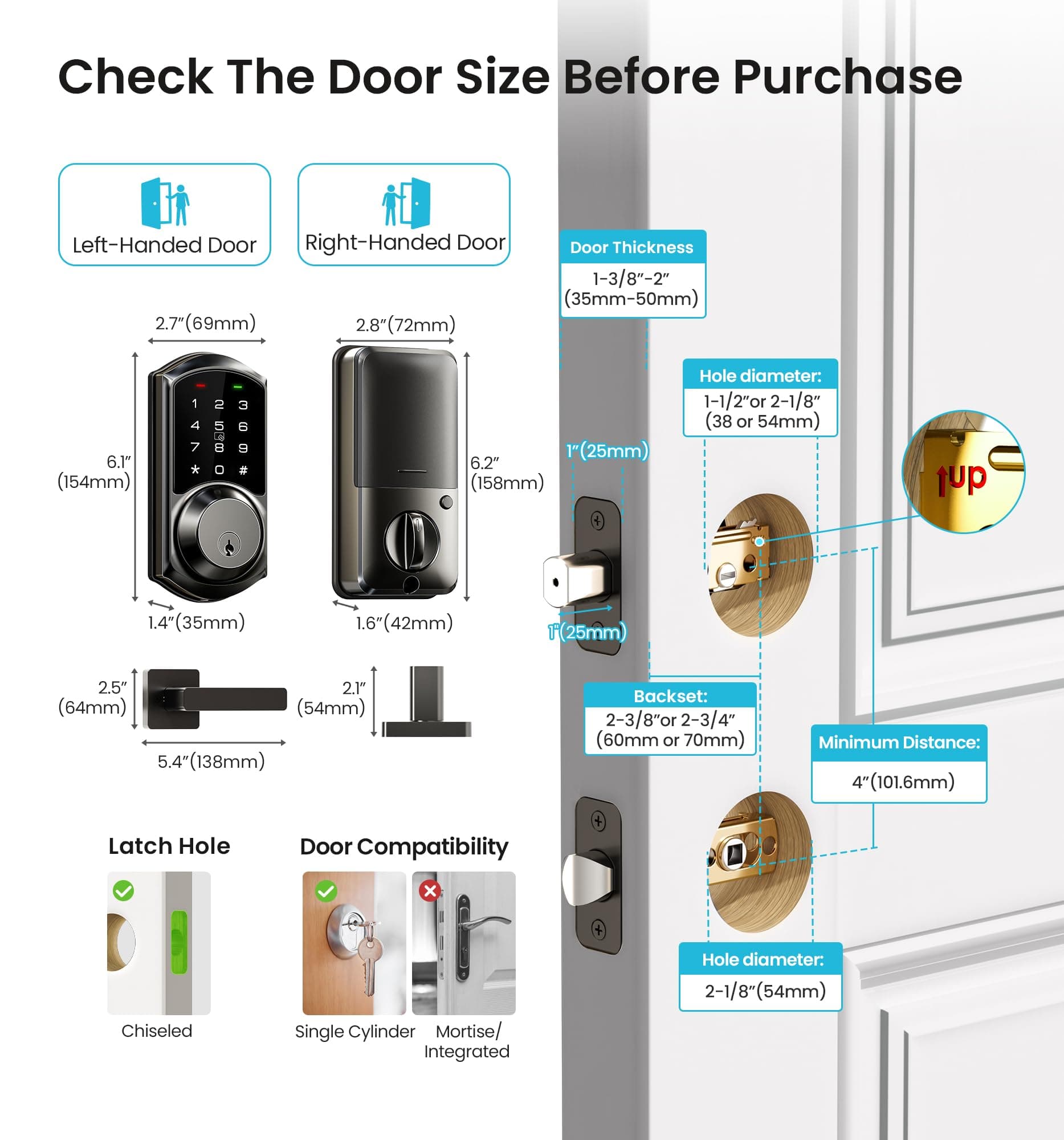 Veise VE06-L Smart Deadbolt Lock with 2 Lever Handle Set, Matte Black | App & Key Control - view 6