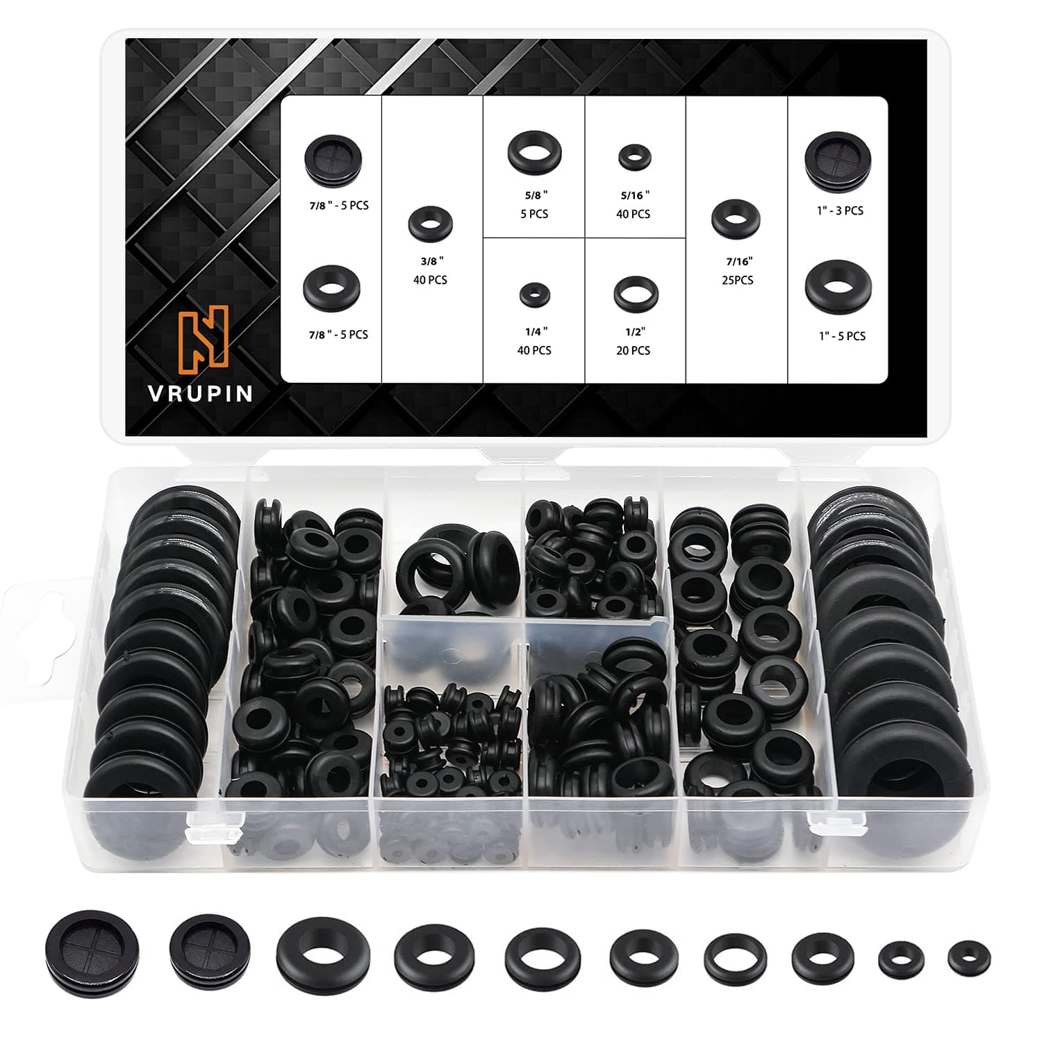 Vrupin Rubber Grommets Kit - 10 Sizes, Rubber Washers for Wiring, 188 pcs | Assorted Sizes for Auto & Projects - main product image