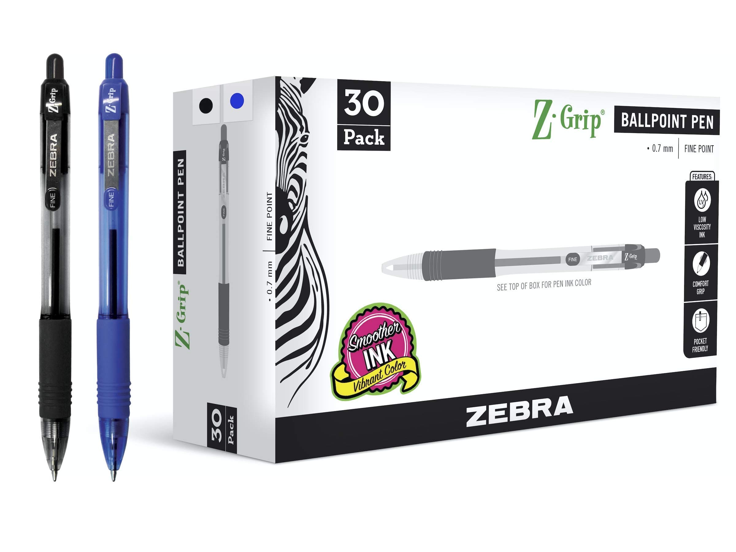 Zebra Pen Z-Grip Retractable Ballpoint Pens, Black Ink, 0.7mm Fine Point, 30-Pack | Smooth Writing for Students & Professionals — Black/Blue A