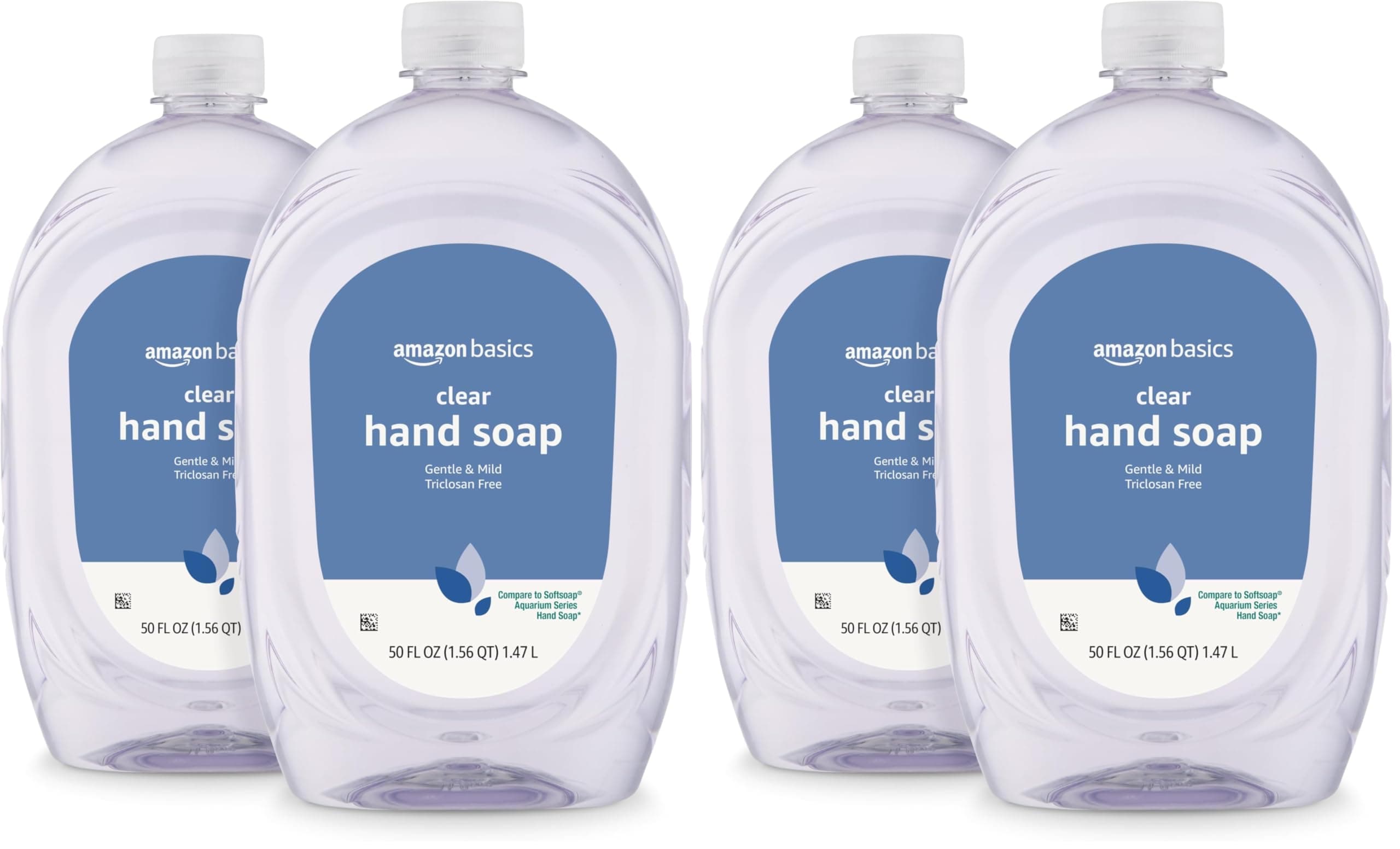 Amazon Basics Gentle & Mild Clear Liquid Hand Soap Refill, Triclosan-Free, Dermatologist-Tested, pH Balanced, 50 Fl Oz (Pack of 4) | Washes Away Germs & Bacteria - main product image