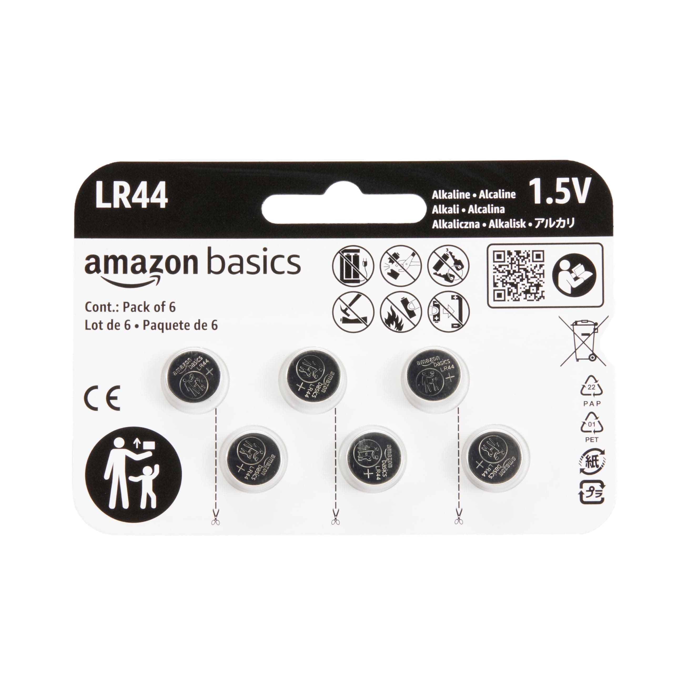 Amazon Basics LR44 Alkaline Button Cell Battery, 1.5 Volt, Long Lasting Power, Mercury Free | Value Pack Battery - main product image