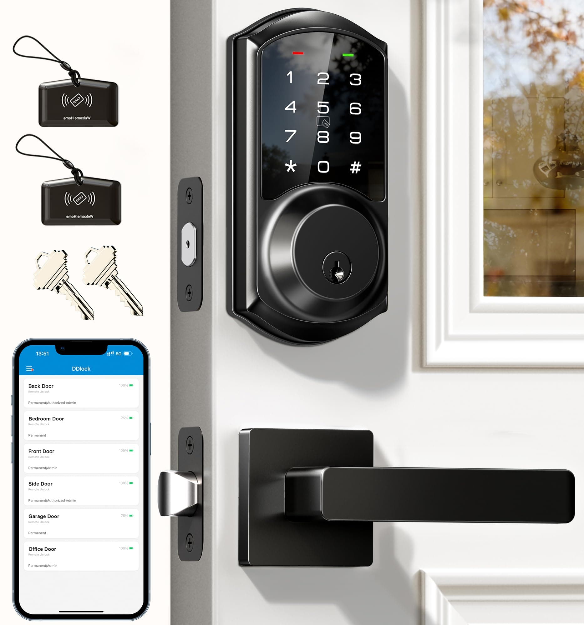 Veise VE06-L Smart Deadbolt Lock with 2 Lever Handle Set, Matte Black | App & Key Control - main product image