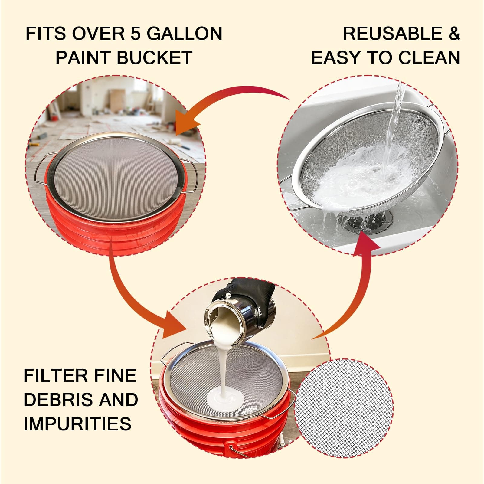 ZHUITU Fine Mesh Paint Strainer 60 Mesh Stainless Steel 5 Gallon Bucket | Ultra-Fine Filter for Paint & More - view 6