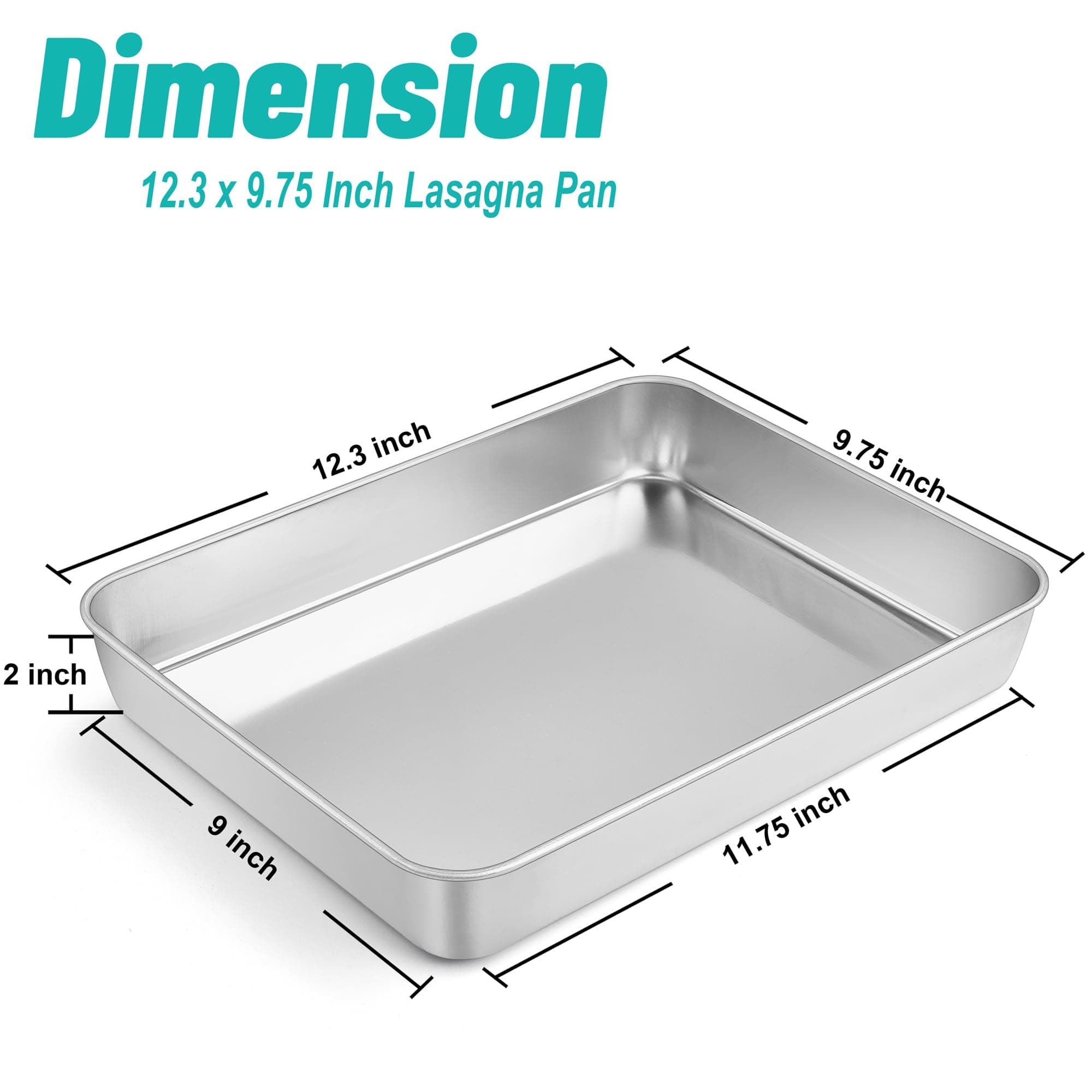 TeamFar Lasagna Pan 12.3" x 9.75" x 2" | Heavy Gauge Stainless Steel, Deep Sides, Dishwasher Safe - view 2