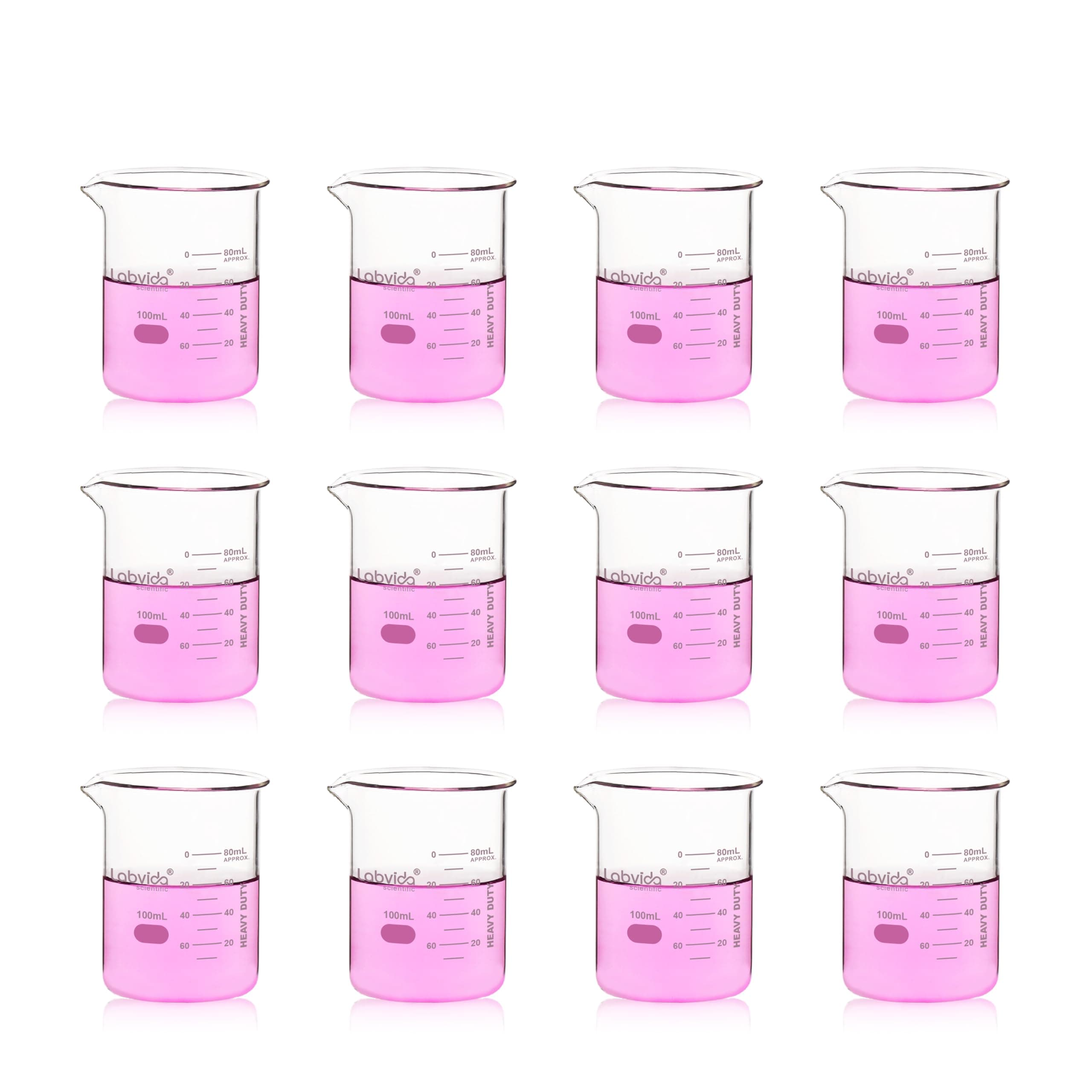 Labvida 12pcs 100ml Thick Glass Beakers | ASTM E960 Compliant, Low Form, Double Scale — 12pcs of Vol.100ml