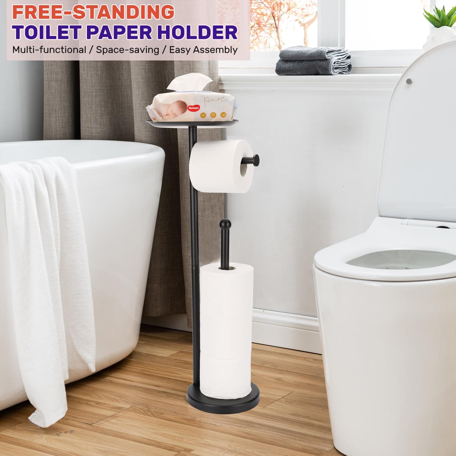 Sfemn Black Toilet Paper Holder Stand, Freestanding with Shelf & Storage, 26-inch - view 2