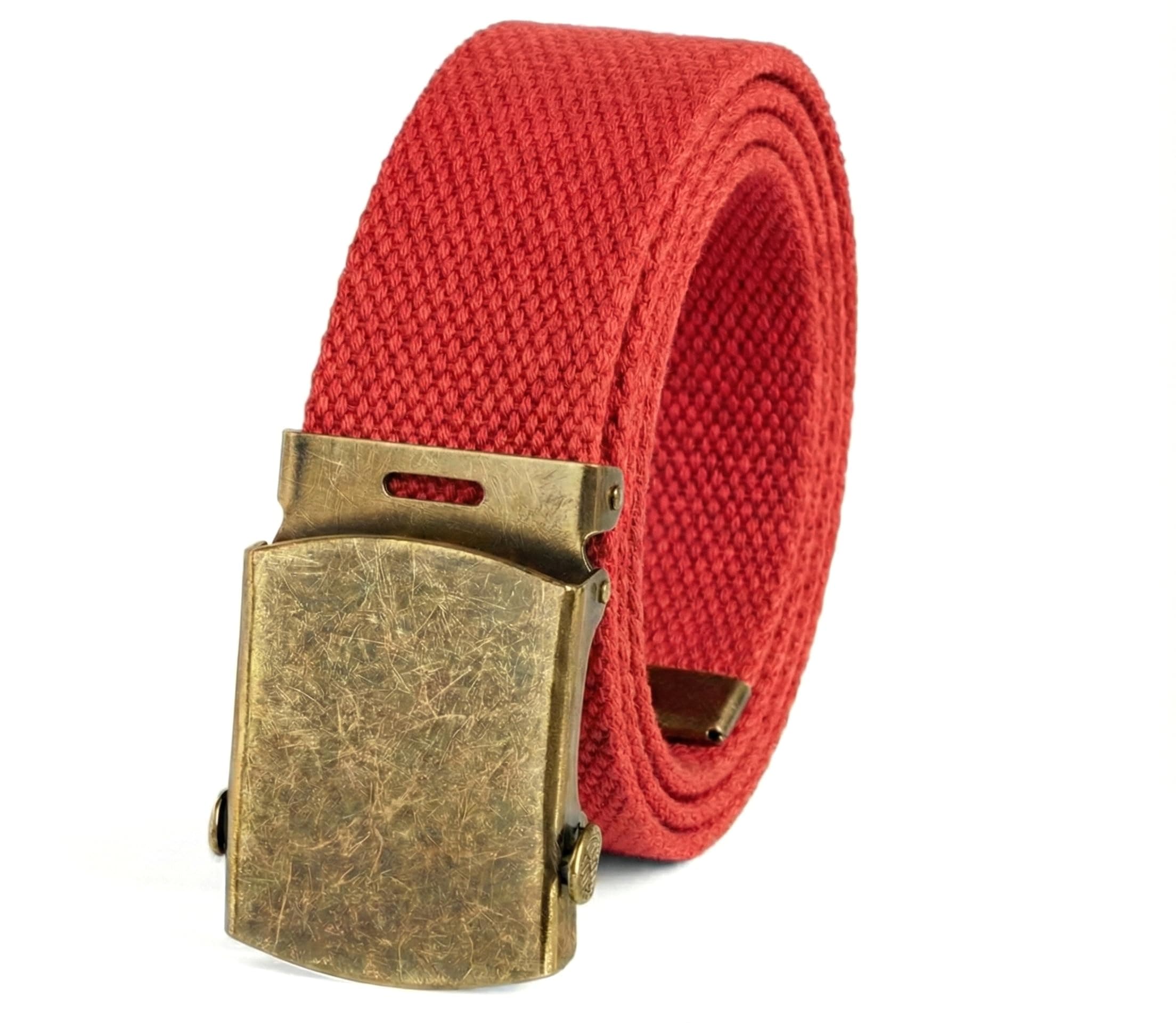 BC Belts Canvas Web Belt Military Style with Antique Brass Buckle 54" | Adjustable Casual Belt for Men & Teens — Red