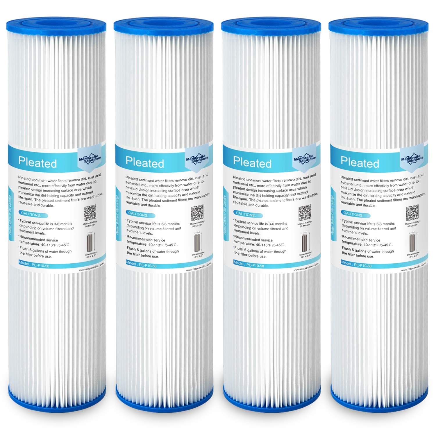 Membrane Solutions 50 Micron Pleated Polyester Sediment Water Filter 10"x2.5" | Universal Whole House Pre-Filter - main product image