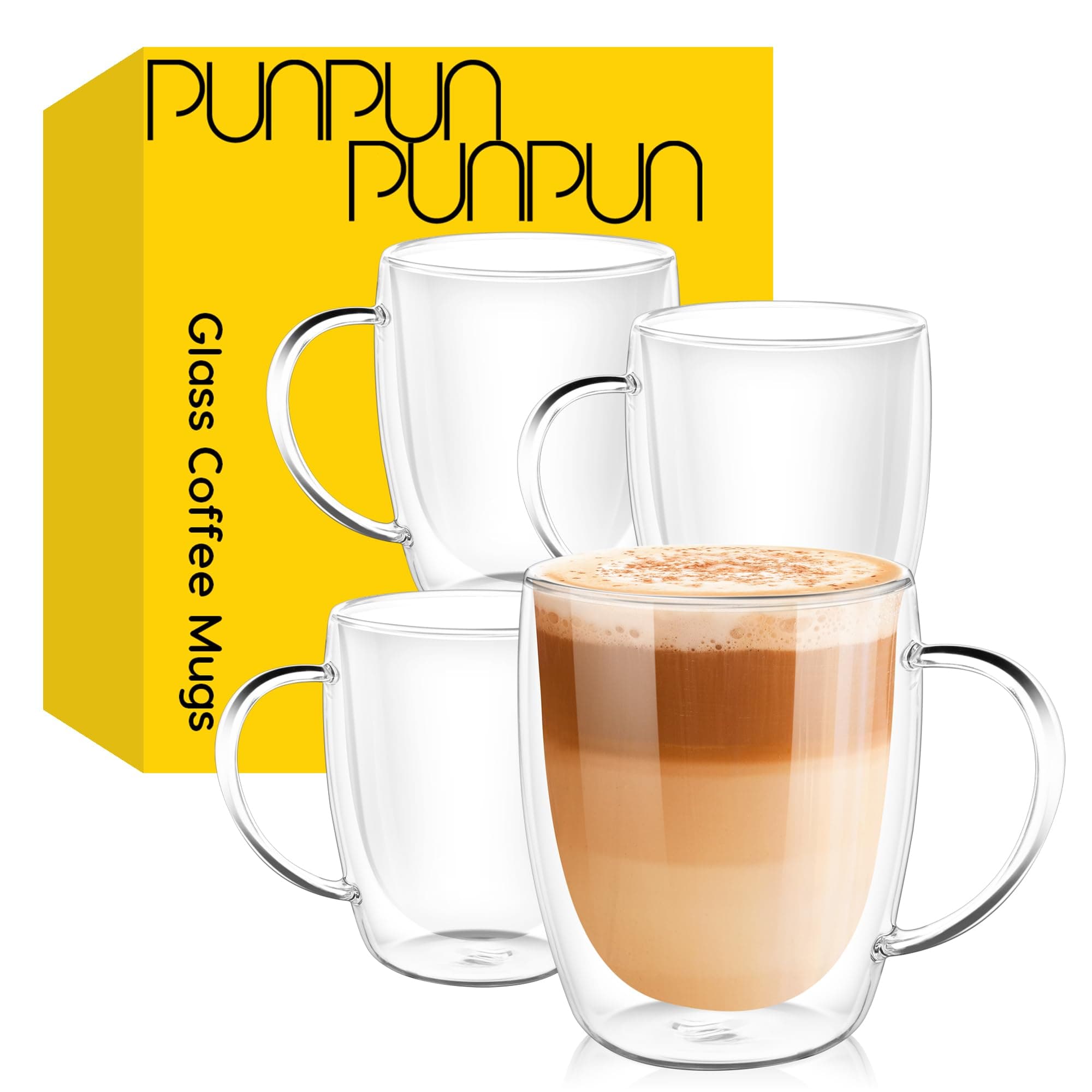 PunPun 12.9oz. Double Wall Glass Coffee Mug Set of 4 | Insulated Borosilicate Cups for Hot & Cold Beverages