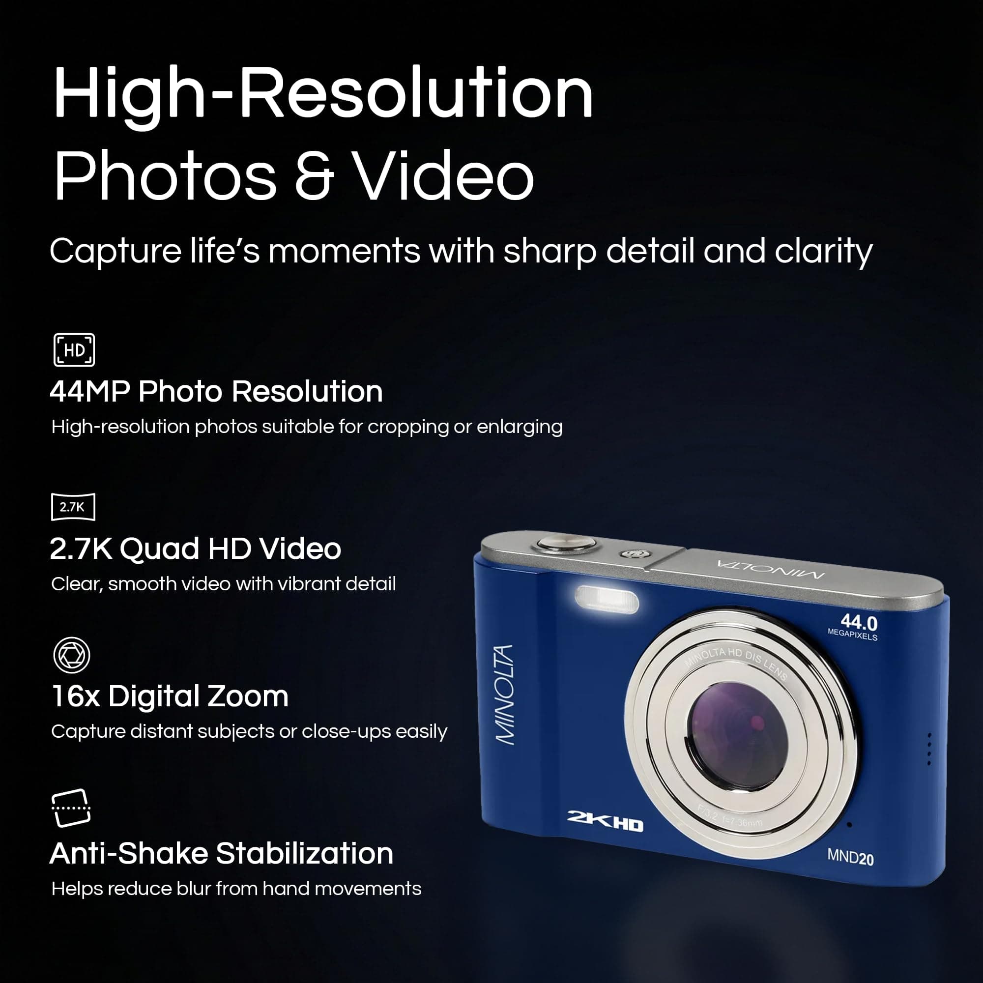 Minolta MND20 44MP Digital Camera 2.7K Ultra HD | Compact, 16X Zoom, 44MP CMOS Sensor - view 2
