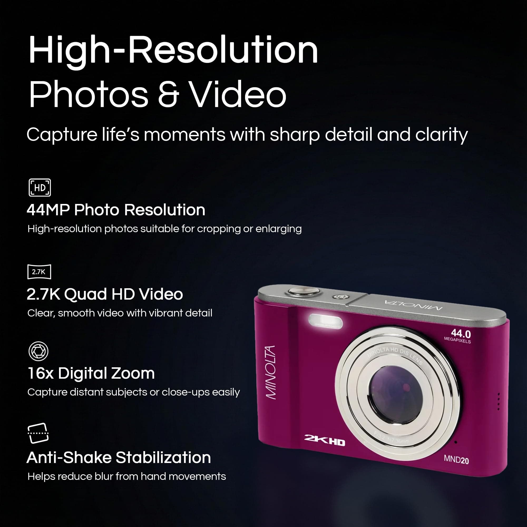 Minolta MND20 44MP Digital Camera 2.7K Ultra HD | Compact, 16X Zoom, Magenta - view 2