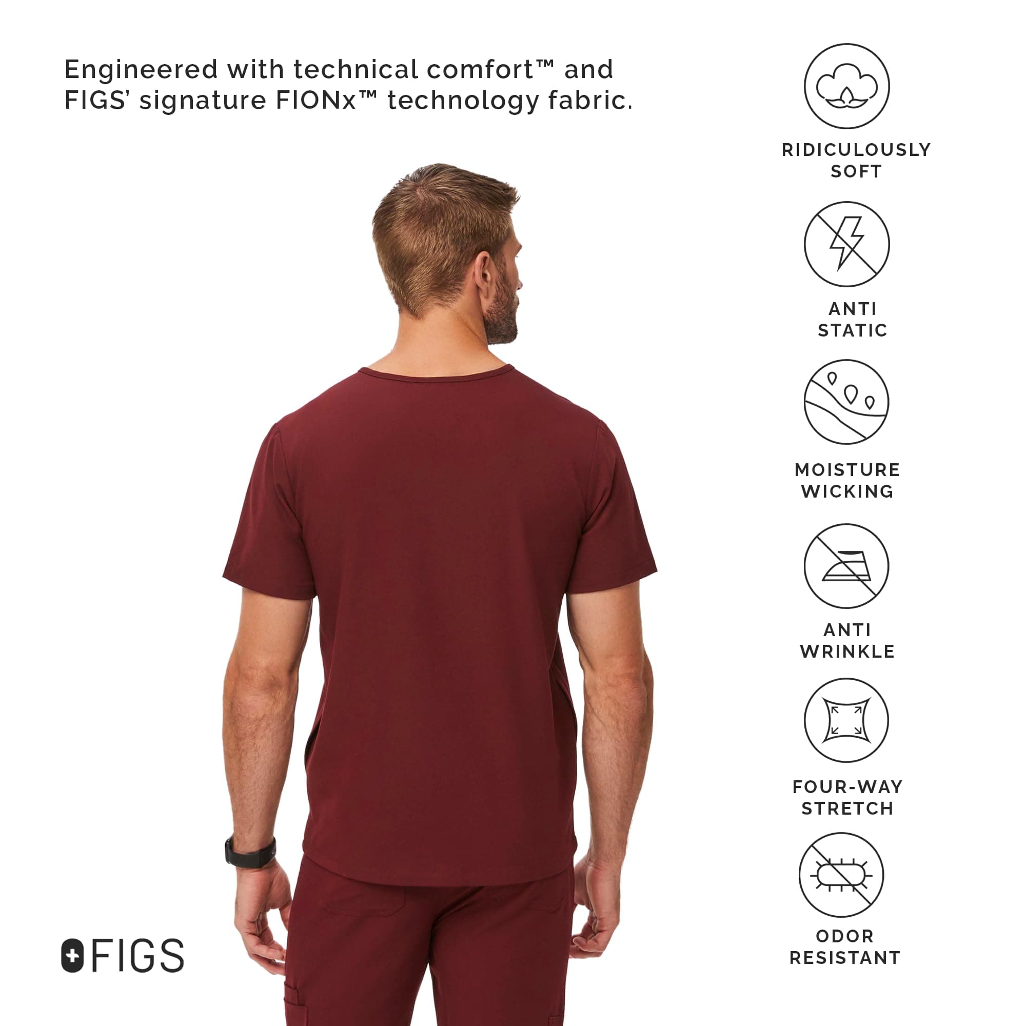 FIGS Chisec Three-Pocket Men’s Scrub Top – Burgundy, M | Technical Comfort & Durable Fit - view 4