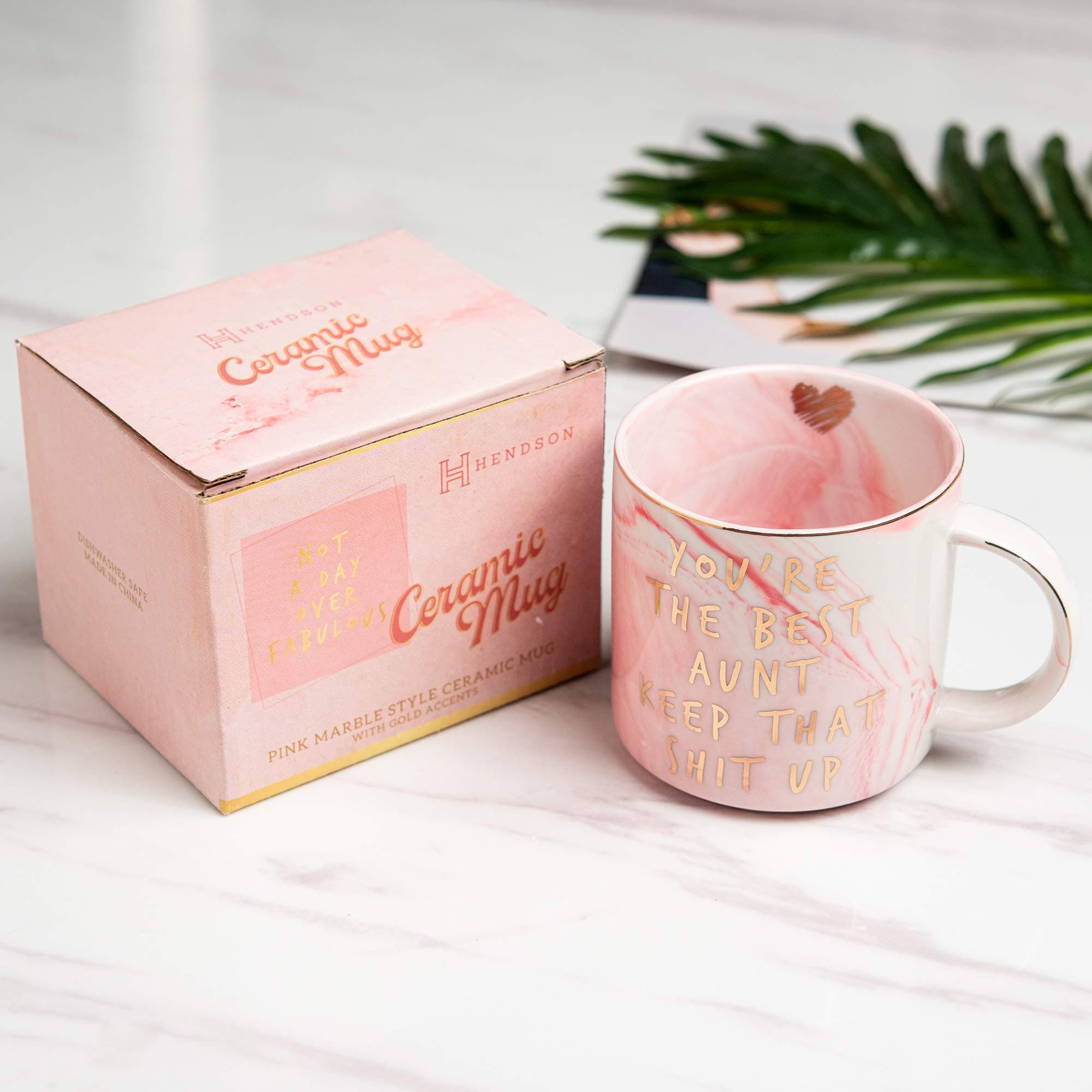 Hendson Aunt Gifts from Niece, Nephew - You're The Best Aunt Keep That S Up - Funny Present for Auntie - BAE Best Auntie Ever Gifts for Birthday - Great Favorite Aunty Mug, Ceramic Coffee Cup | Pink Marble Design - view 2