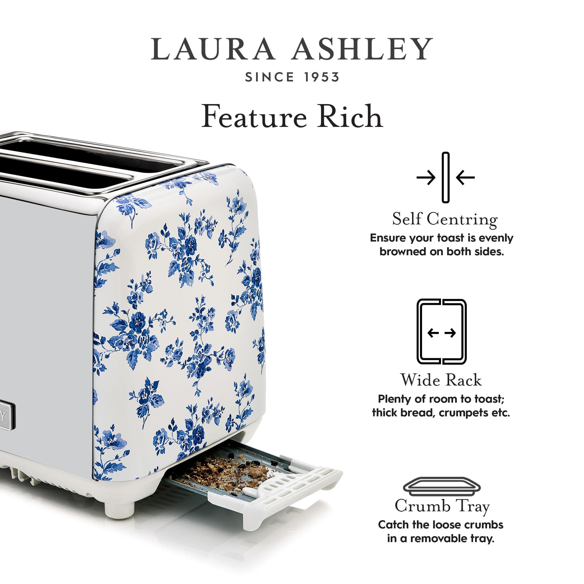 Laura Ashley China Rose 2 Slice Toaster | Wide Slot, Even Browning, 7 Levels, Compact Design - view 7