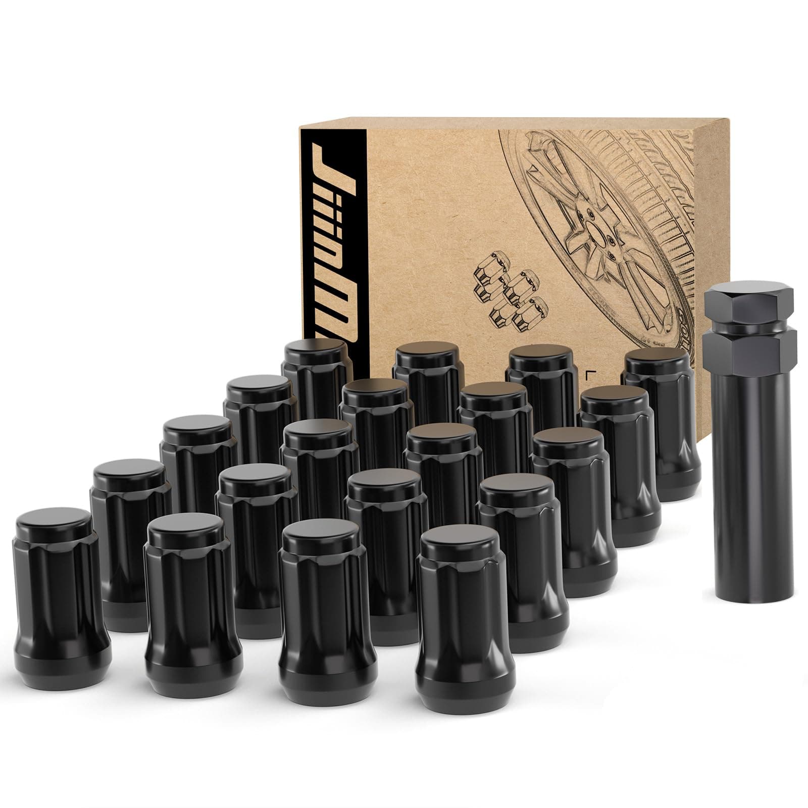 JiiinMiiin M12x1.5 20pcs Black Lug Nuts Set with Socket Key | 6-Spline Locking Safety - main product image