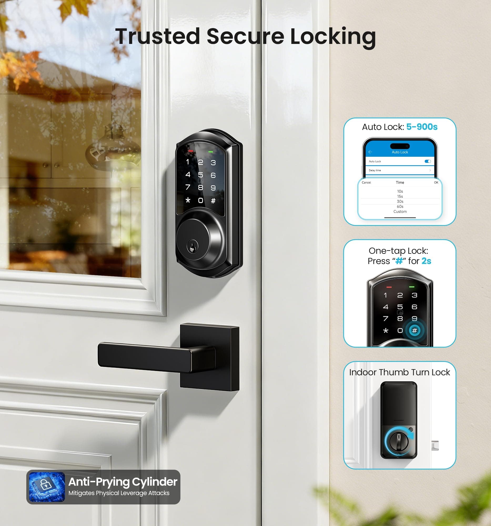Veise VE06-L Smart Deadbolt Lock with 2 Lever Handle Set, Matte Black | App & Key Control - view 3